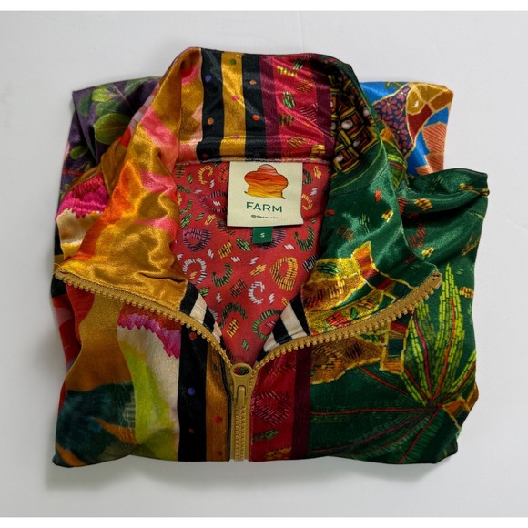 FARM Rio "Mixed Scarves" Velour Bomber Jacket Women's S Tropical Patchwork - Picture 2 of 16